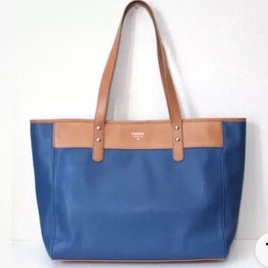 FOSSIL ISSUE NO 1954 blue and camel brown leather tote shoulder handbag